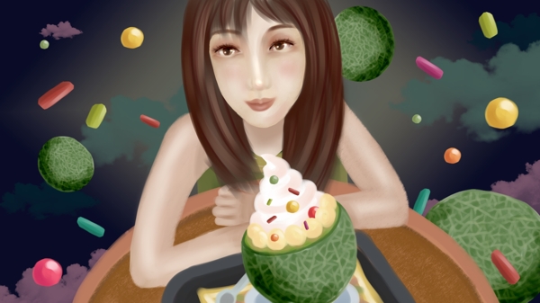 夏日水果系列之爱幻想的哈密瓜冰淇淋女孩