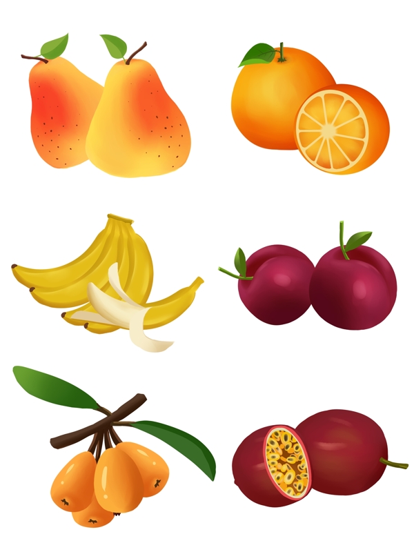 手绘水果鸭梨橙子百香果香蕉枇杷
