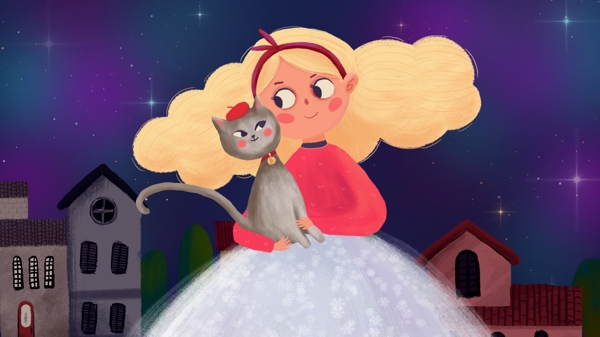 萌宠系列星空下的女孩与猫手绘插画