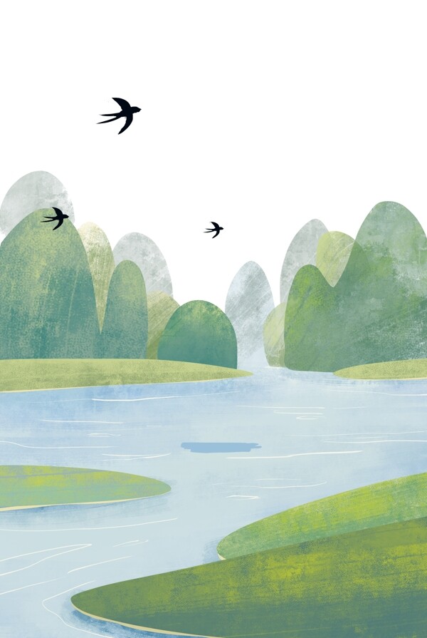 卡通绿色森林和河流免抠图