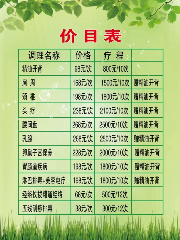 美容院收費價目表