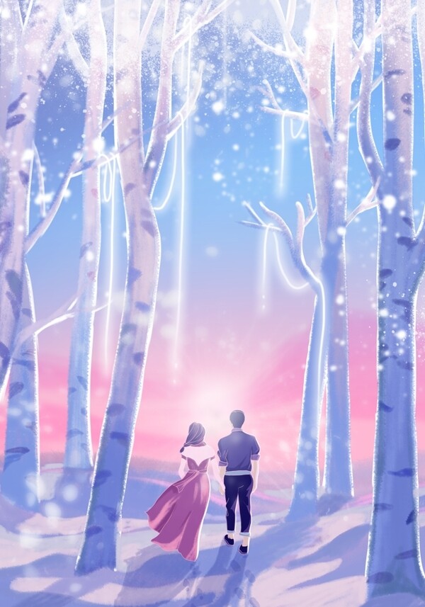 森林里散步的情侣唯美图片