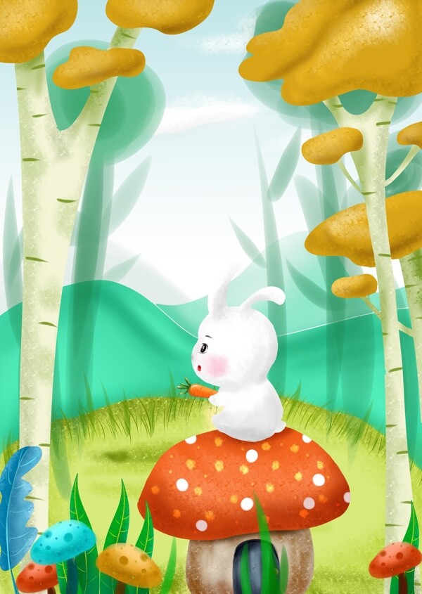清新森林蘑菇兔子