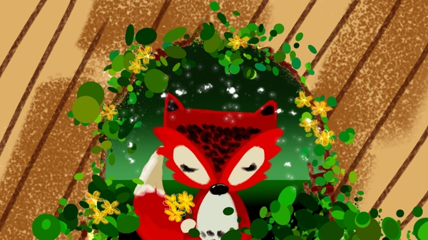 宠物狐狸花圈手绘可爱卡通动物小黄花叶子