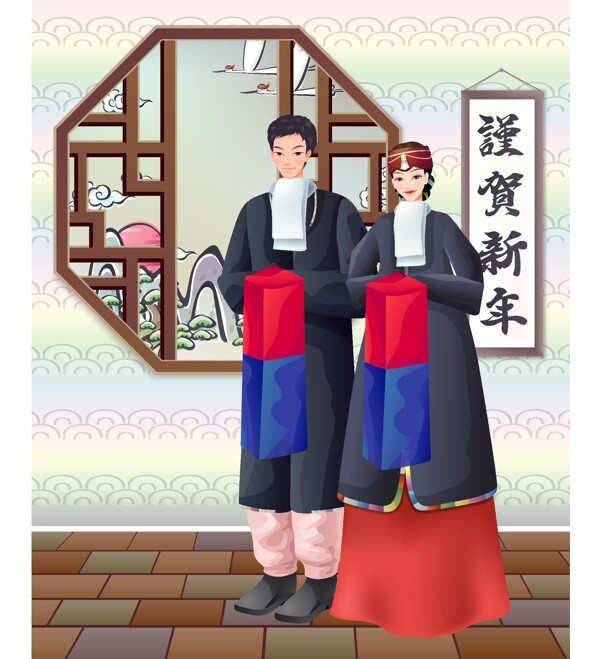 2007最新韓國謹(jǐn)賀新年韓服夫妻AI矢量圖