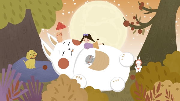 霜降时节女孩与兔子躺在月光下小清新插画