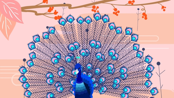 开屏的蓝孔雀自然印记扁平插画