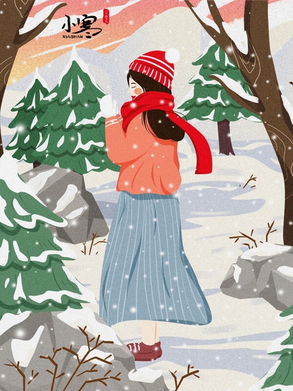 二十四节气小寒雪地里女孩唯美冬季雪景插画
