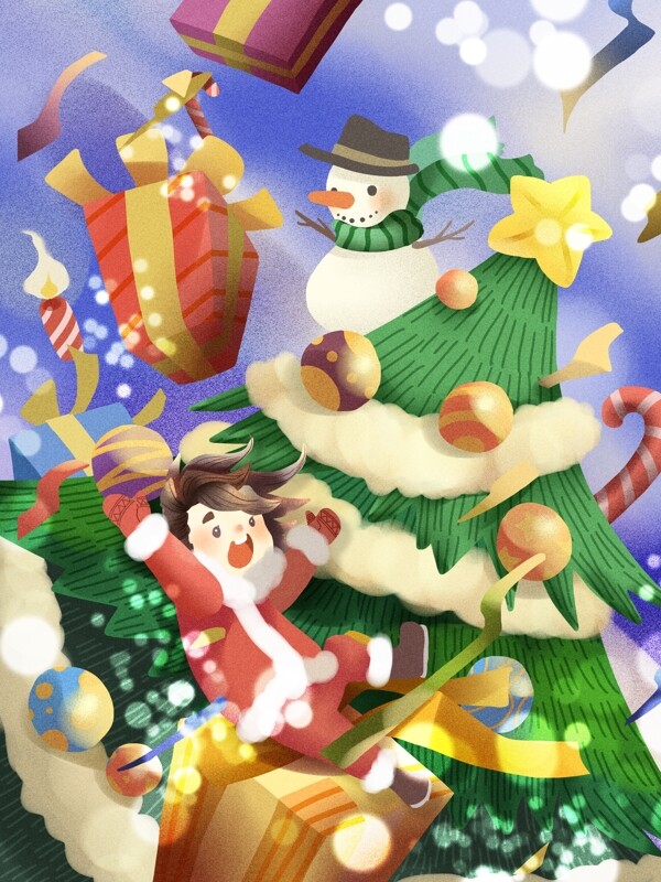 圣诞节之欢庆礼物女孩雪人圣诞树