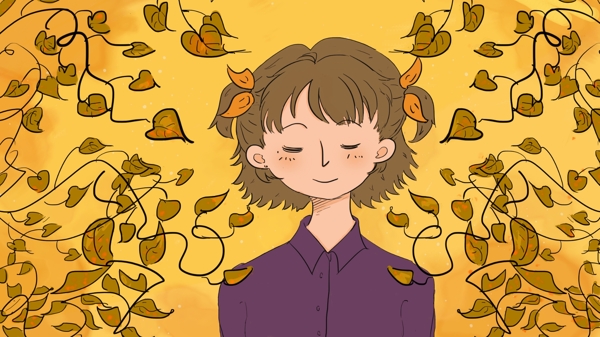 秋天你好秋季植物中的女孩插画