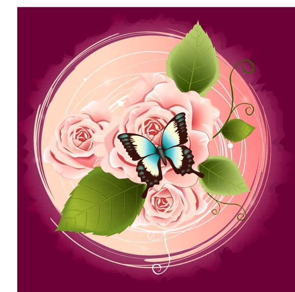 精美玫瑰花蝴蝶装饰图案矢量素材