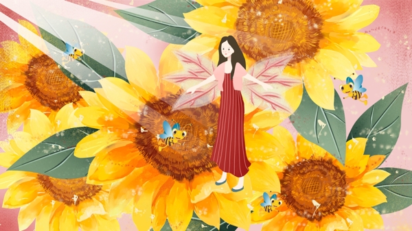 早安蜜蜂女神向日葵清新插畫正能量