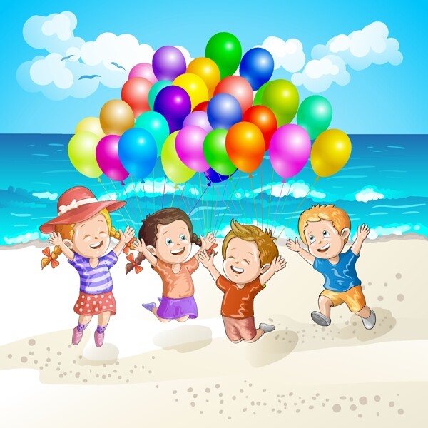 海滩玩气球的孩子矢量素材.