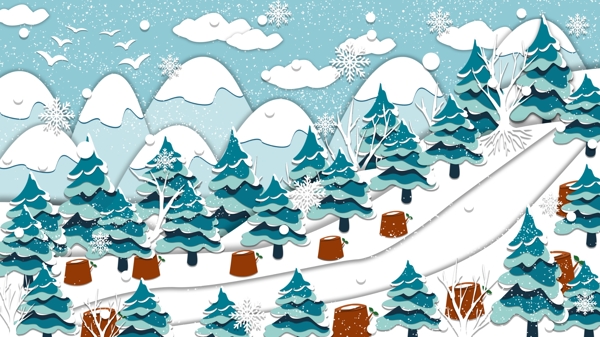 手绘冬季雪场树林背景素材