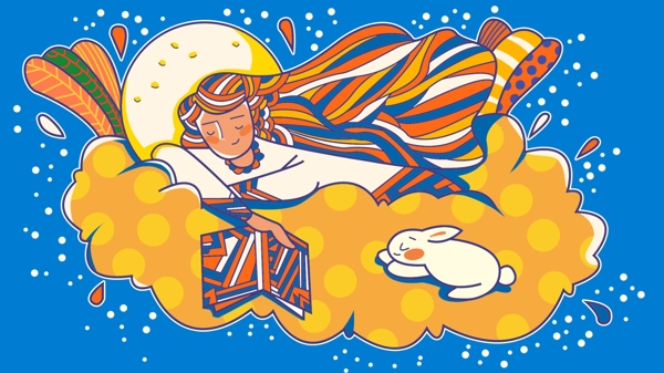 中秋节人物圆月白兔描边风格原创手绘插画