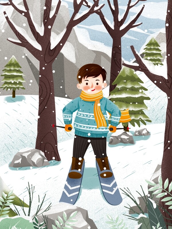 手绘冬季滑雪的男孩背景设计