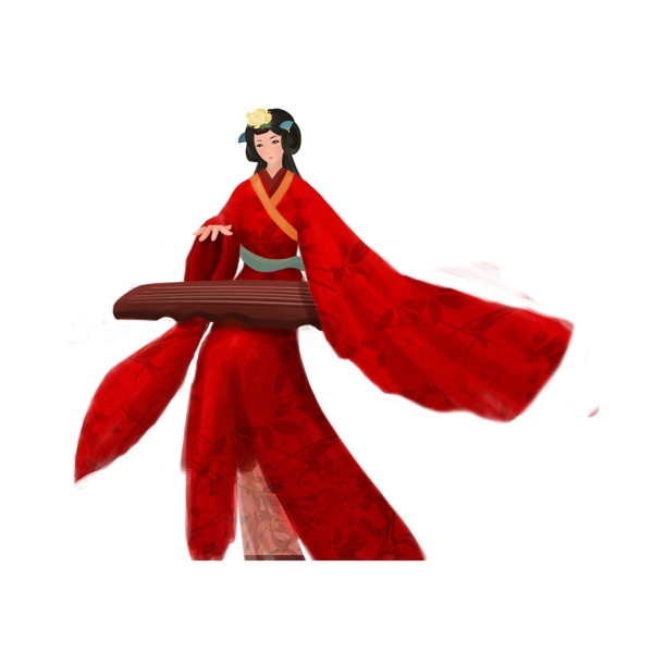 穿红色古代宽袖汉服弹古琴的女子卡通元素