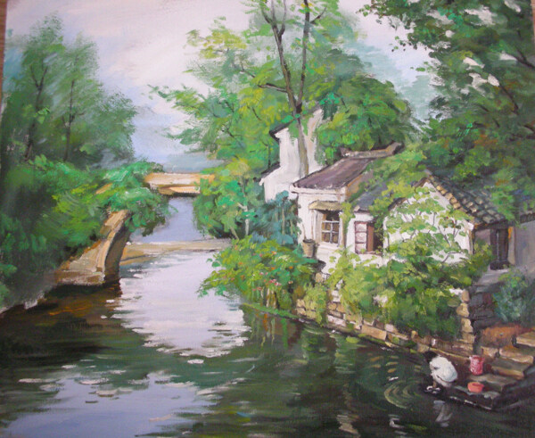 村庄石拱桥油画图片