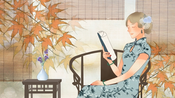 民国风复古纹理穿旗袍看书的女人