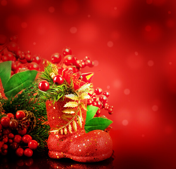 圣诞红鞋与圣诞装饰图片