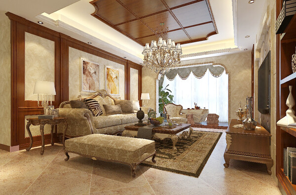 欧式暖色温馨客厅效果图模型空间