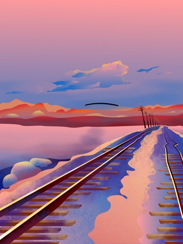 手绘夕阳西下铁路背景素材
