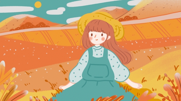扁平风霜降深秋在田间的小姑娘仰望天空