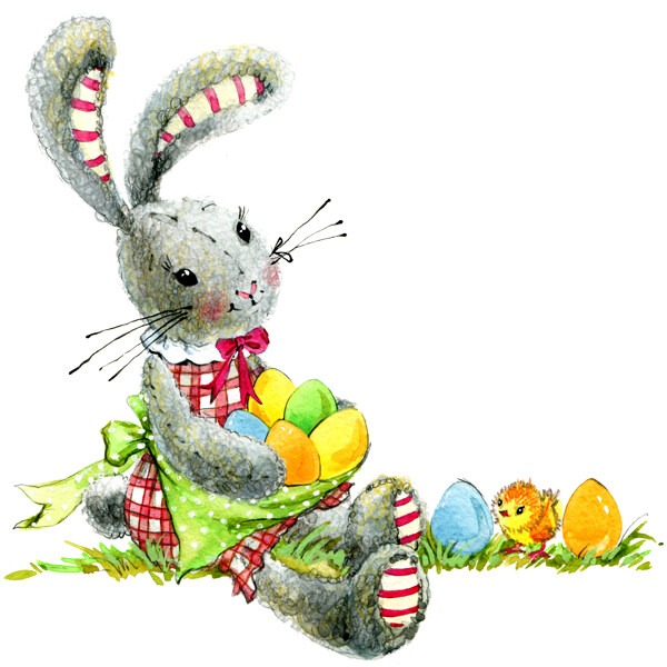 抱着彩蛋的卡通兔子水彩画图片