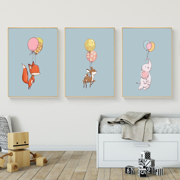北欧手绘小动物气球儿童装饰画可分成无框画