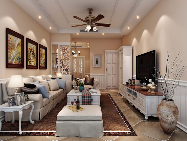 美式清新客厅褐色花纹花瓶室内装修效果图