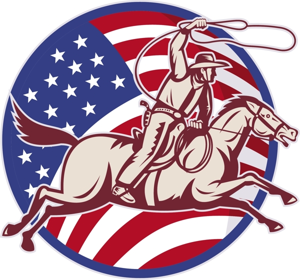 牛仔套索和美国国旗骑马