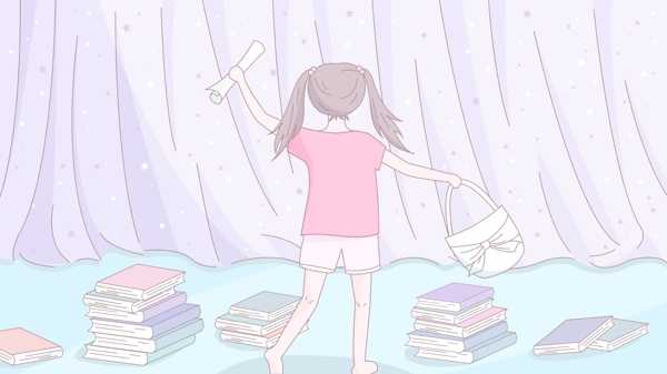 开学季小清新少女心插画书堆里的女孩