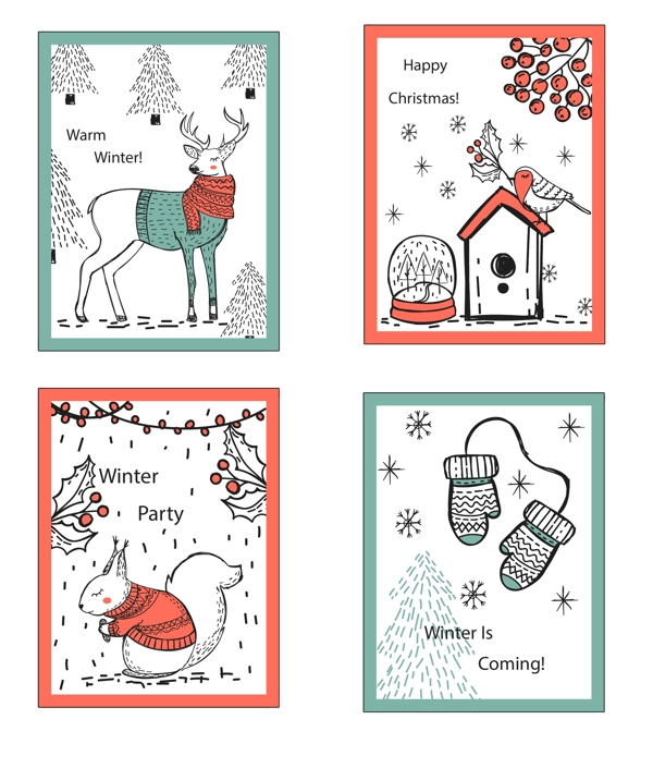 矢量冬季卡通手绘卡片
