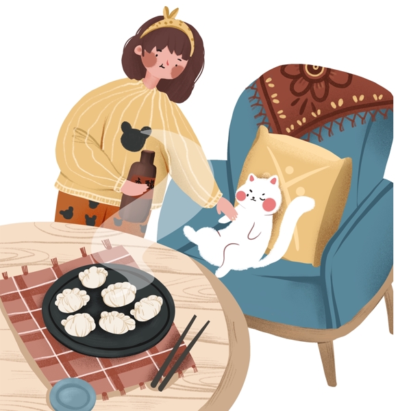 温暖冬至撸猫吃饺子的女孩