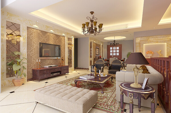 现代别墅客厅欧式空间效果图模型