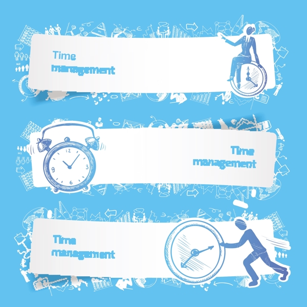 时间管理设置横幅示意与业务人员和闹钟孤立矢量插图