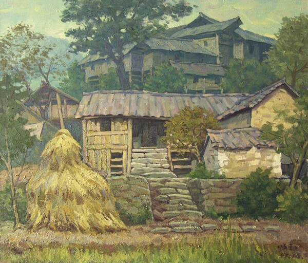 老旧的村屋油画图片