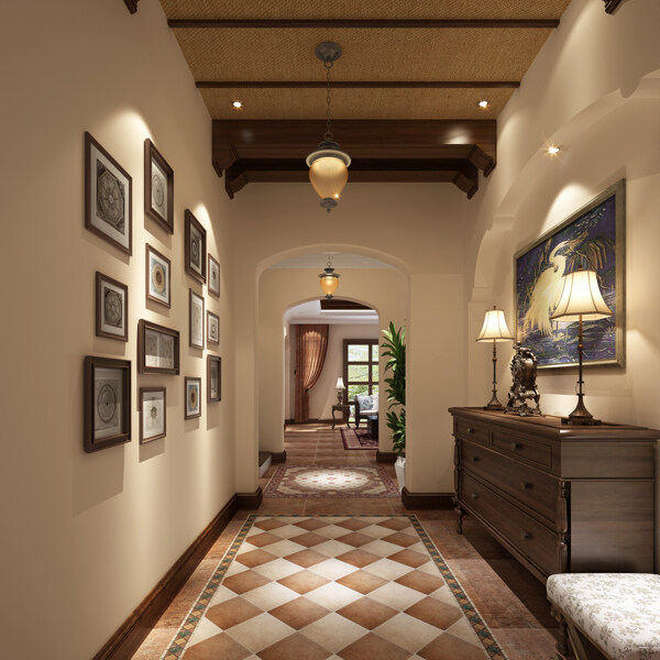 美式清新白褐格子地板客厅室内装修效果图