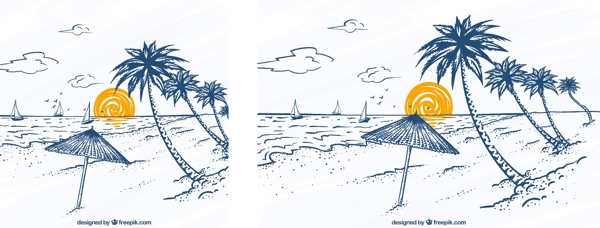 手绘素描风格椰树帆船海滩景观背景