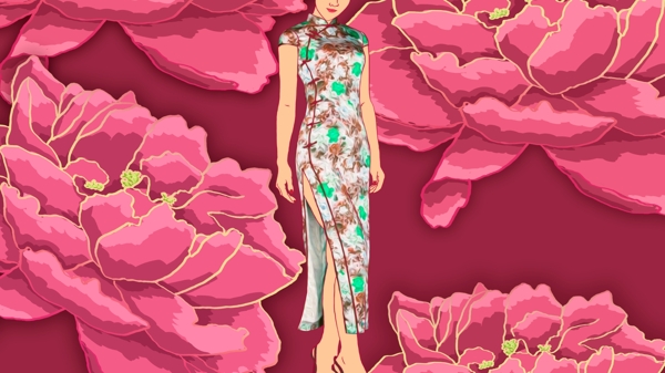 红牡丹旗袍女性插画