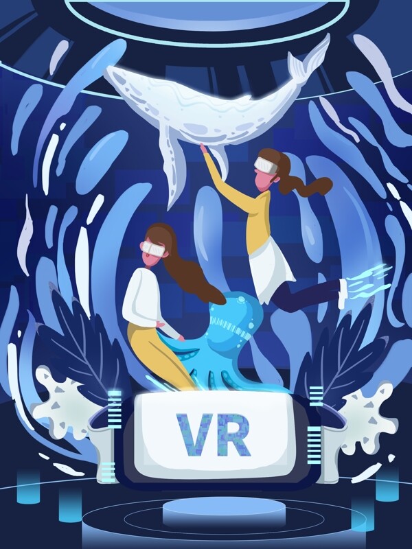VR科技商务渐变蓝色背景扁平海洋鲸鱼