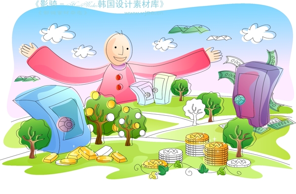 兒童線條插畫小孩游玩卡通童話韓國花紋時(shí)尚花紋底紋矢量素材矢量圖片HanMaker韓國設(shè)計(jì)素材庫