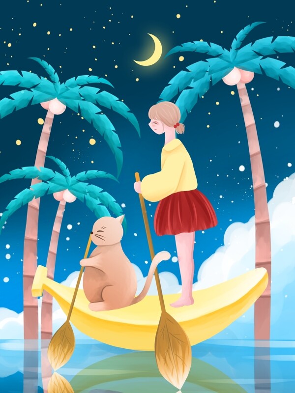 创意水果插画穿梭在椰子林中的香蕉船