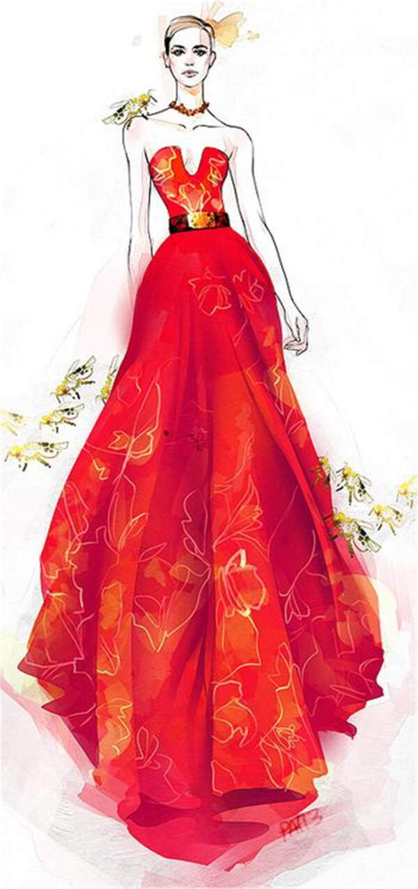 紅色花紋長裙禮服設計圖