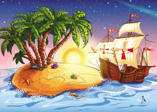 孤岛帆船插画