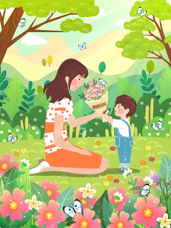 母亲节花园男孩送妈妈康乃馨花花束可爱插画