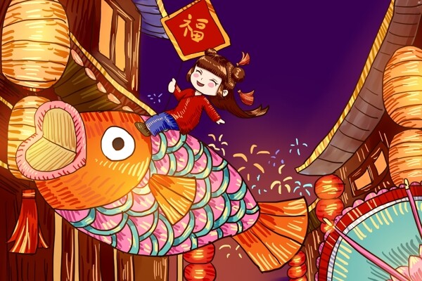 新年国风传统插画卡通背景素材