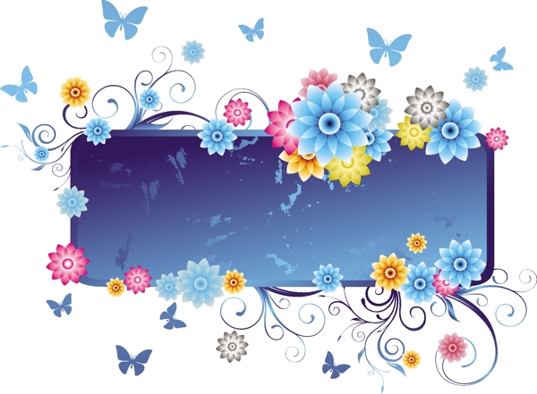 蓝色花卉蝴蝶边框