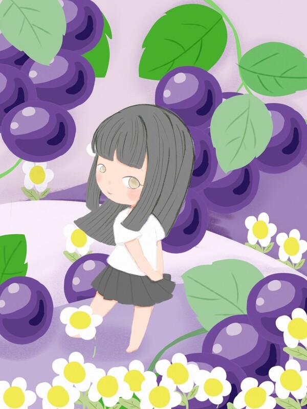 原创少女心水果插画在葡萄从中漫步女孩