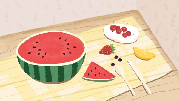夏天夏季水果阳光早餐生活插画